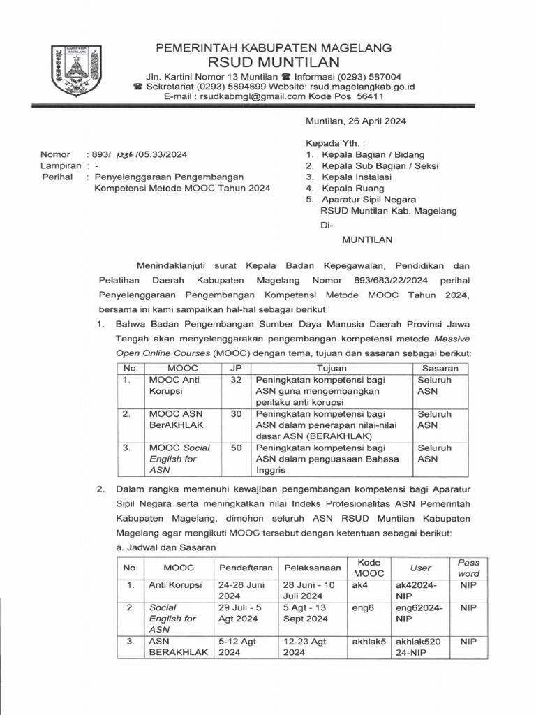 Surat Edaran MOOC ASN 2024 PDF
