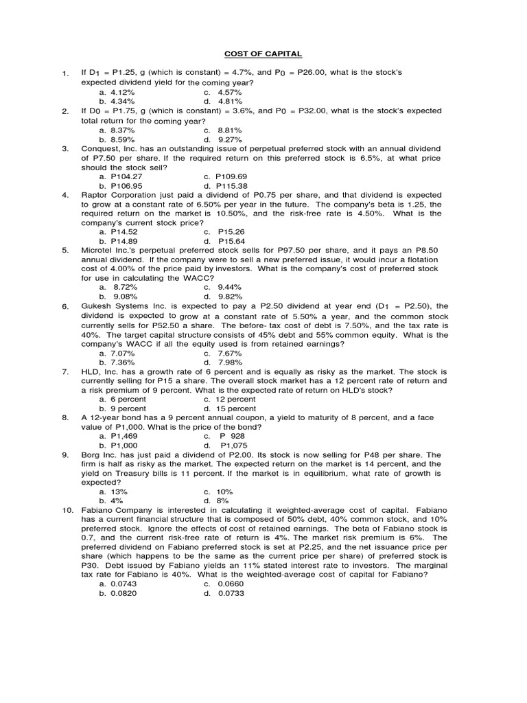 Cost of Capital Calculations Guide | PDF | Cost Of Capital | Bonds ...