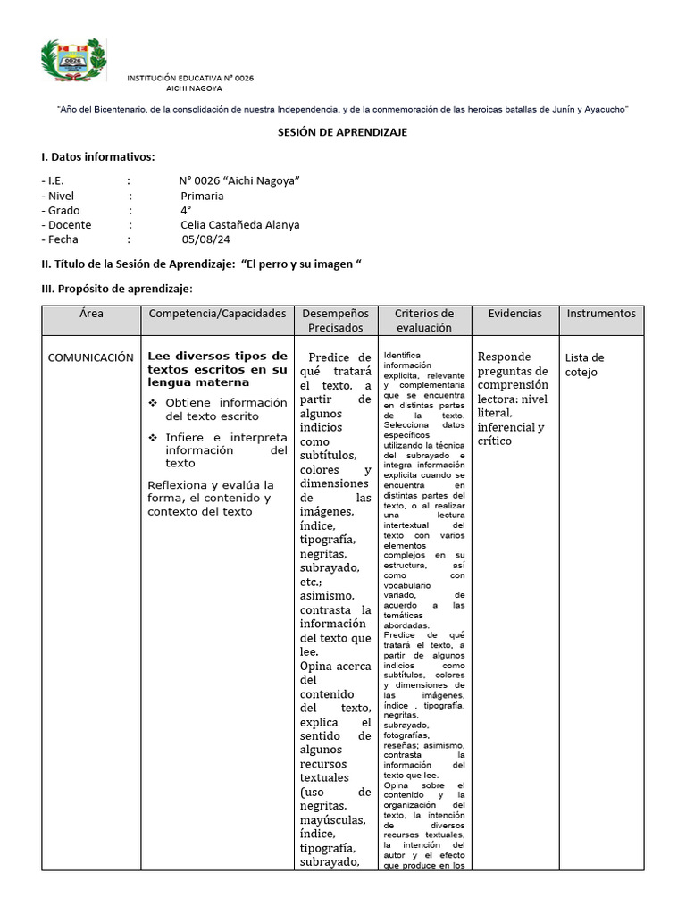 Sesion de Aprendizaje Plan Lector 4to Grado 05 de Agusto | PDF ...