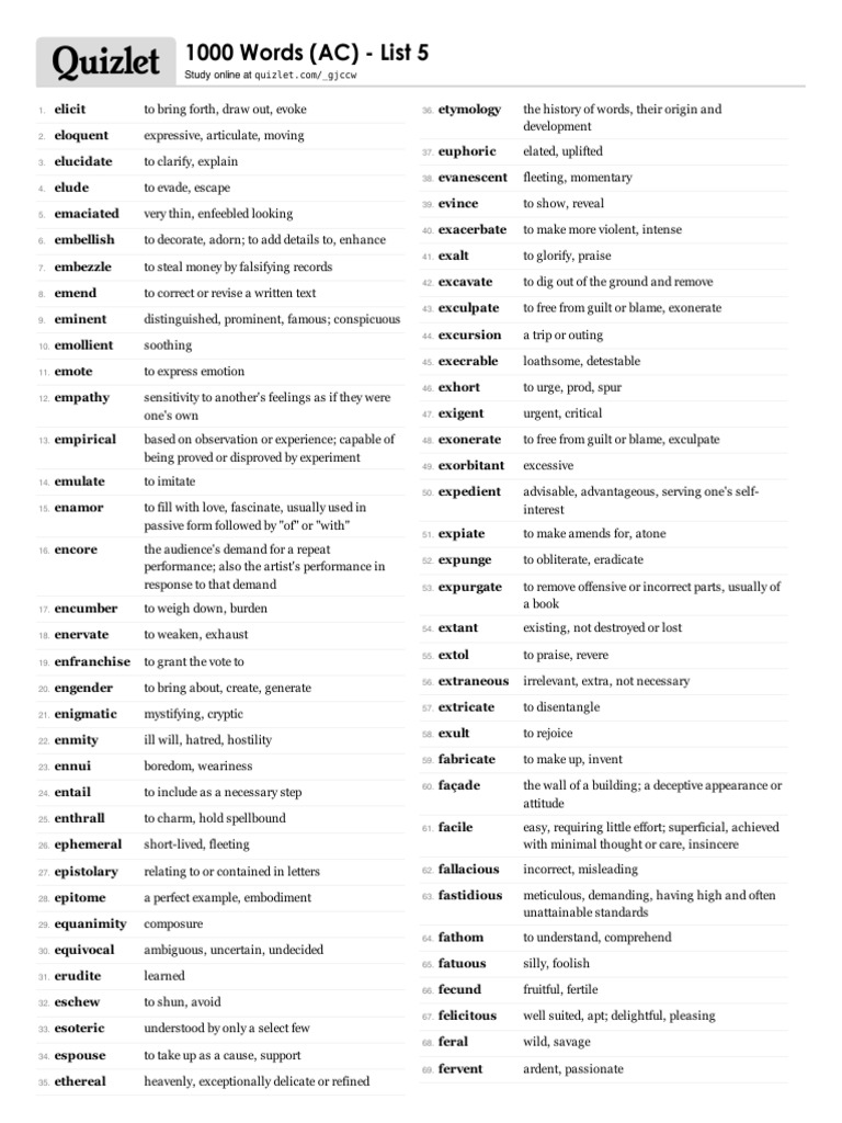 Vocabulary 1000 Word List 5 Of 10 Pdf Psychology Emotions