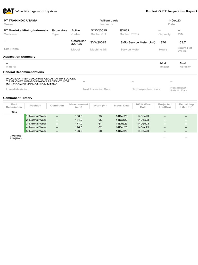 Caterpillar 320 GX Bucket Inspection Report | PDF