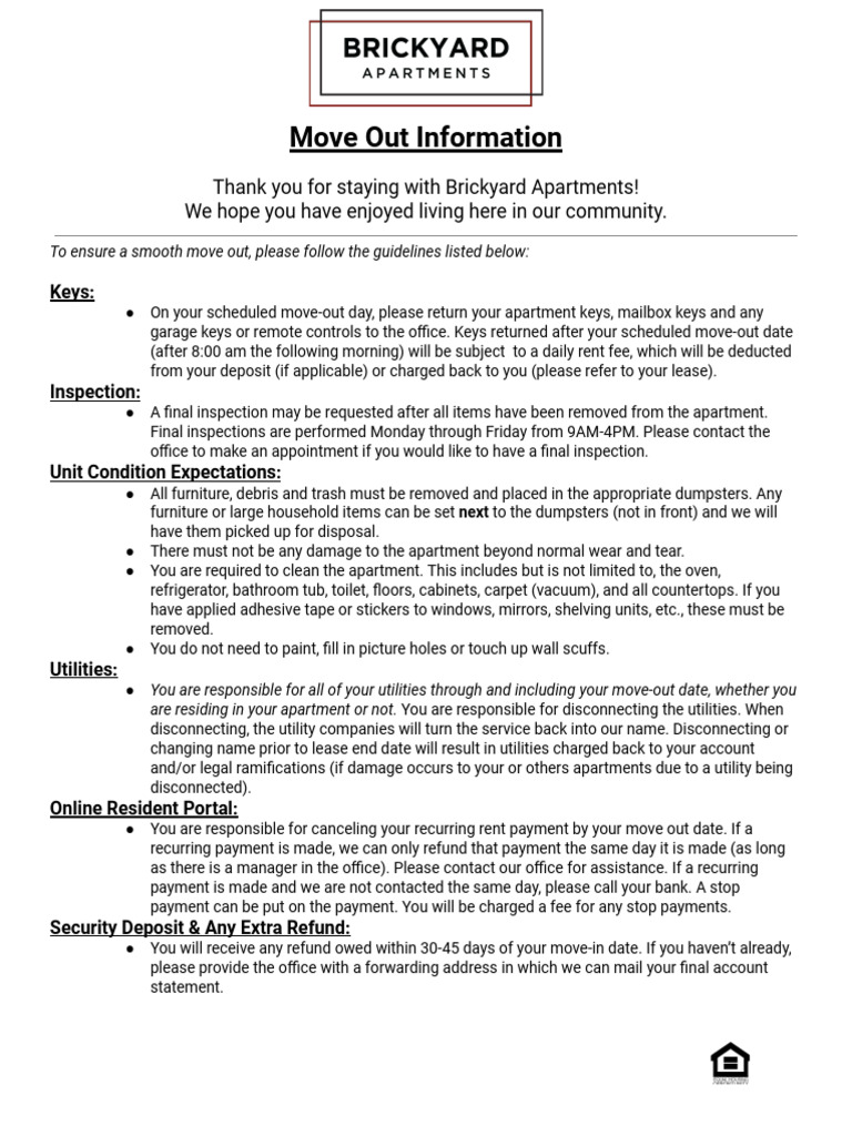 Brickyard Apartments Move-Out Guidelines | PDF | Bathroom | Shower