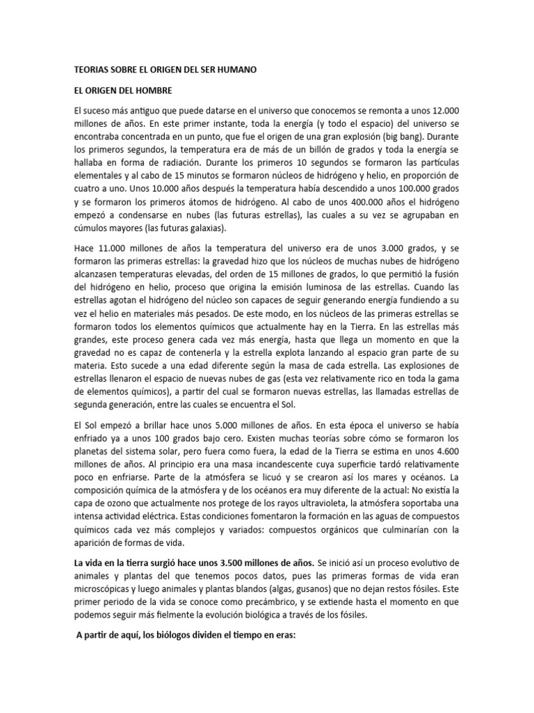 Teorias Sobre El Origen Del Ser Humano | PDF | Homo | Evolución humana