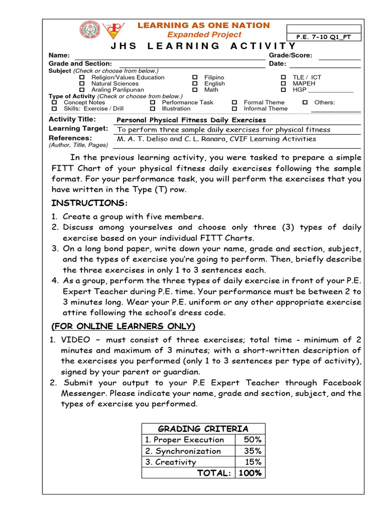 MAPEH 10 PE - PT1 Personal Physical Fitness Daily Exercises | PDF ...