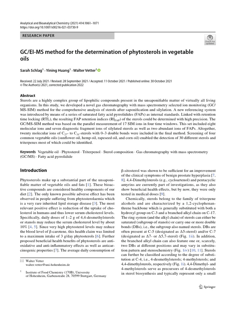 GC EI MS Method For The Determination of Phytosterols in Vegetable ...