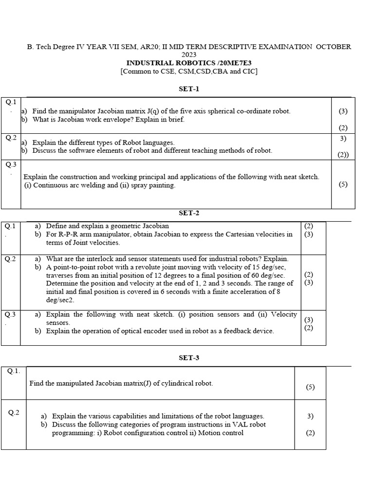 Industrial Robotics Exam Questions 2023 | PDF | Robotics | Applied ...