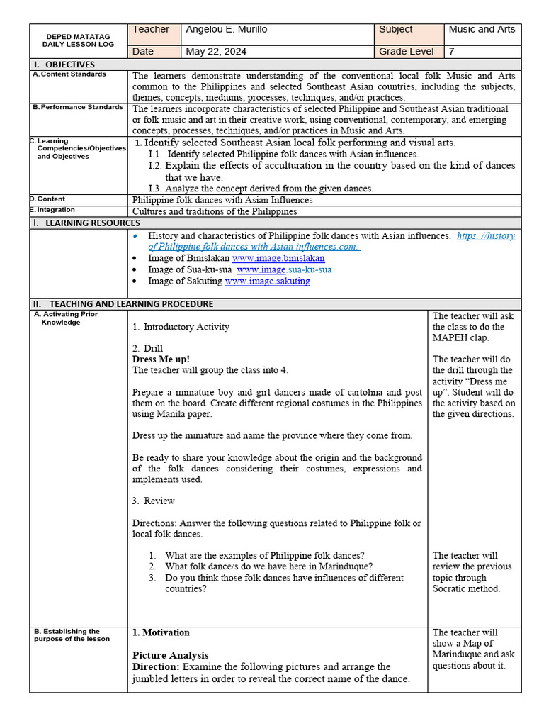 Grade 7 Music and Arts Lesson Plan | PDF | Teachers | Learning