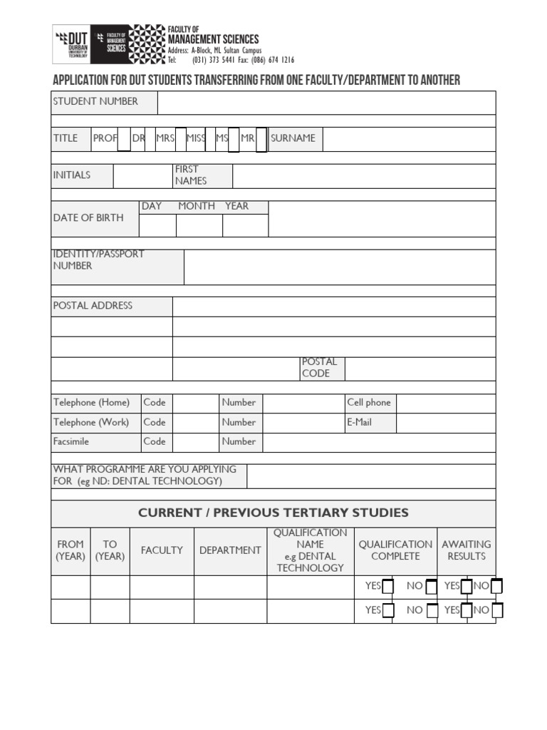 DUT Transfer Application Form | PDF | Fax