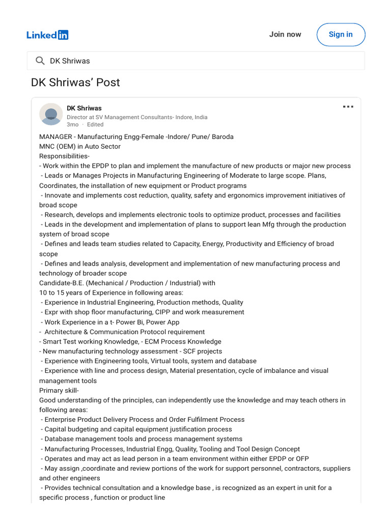 DK Shriwas On LinkedIn MANAGER - Manufacturing en | PDF | Engineering ...