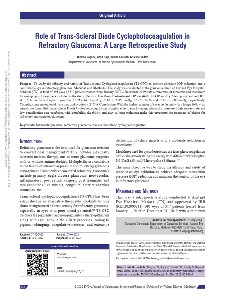 Efficacy of Diode CPC in Refractory Glaucoma | PDF | Glaucoma | Human Eye