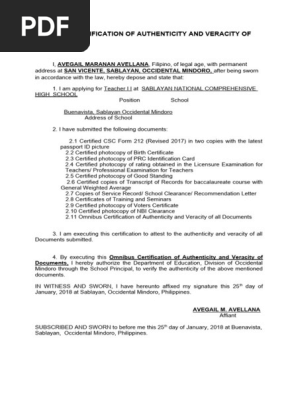 OMNIBUS  CERTIFICATION OF AUTHENTICITY AND VERACITY OF DOCUMENTS