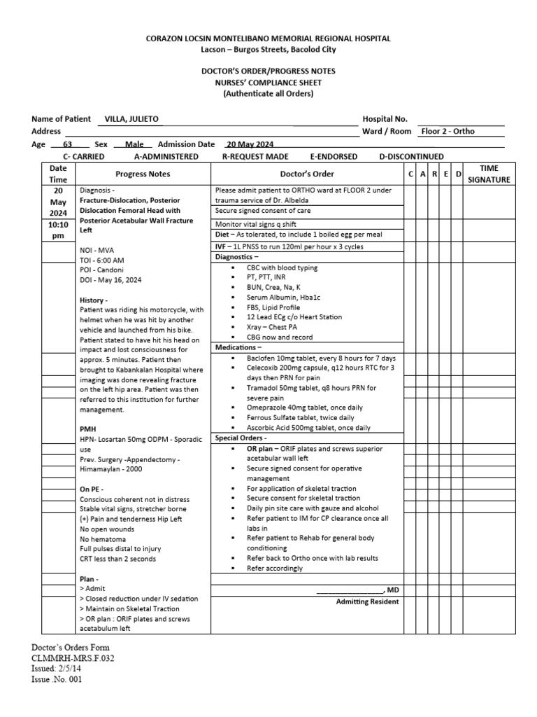 Patient Progress Notes for Ortho Admission | PDF | Clinical Medicine ...