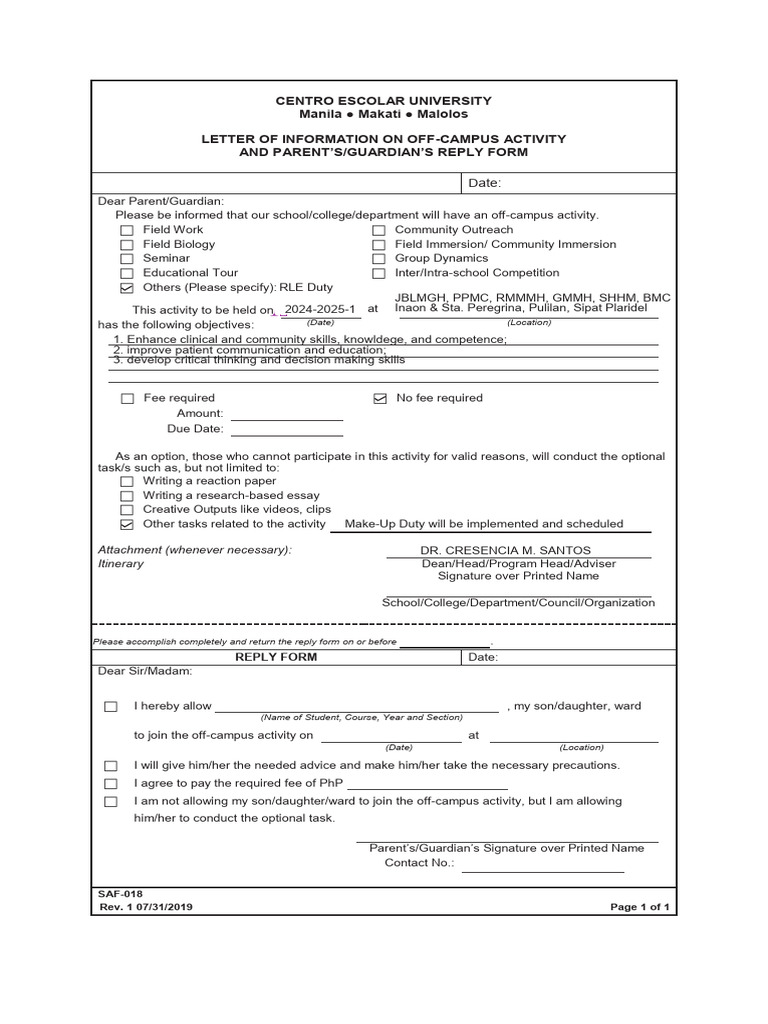 Off-Campus Activity Information Letter | PDF | Career & Growth | Wellness