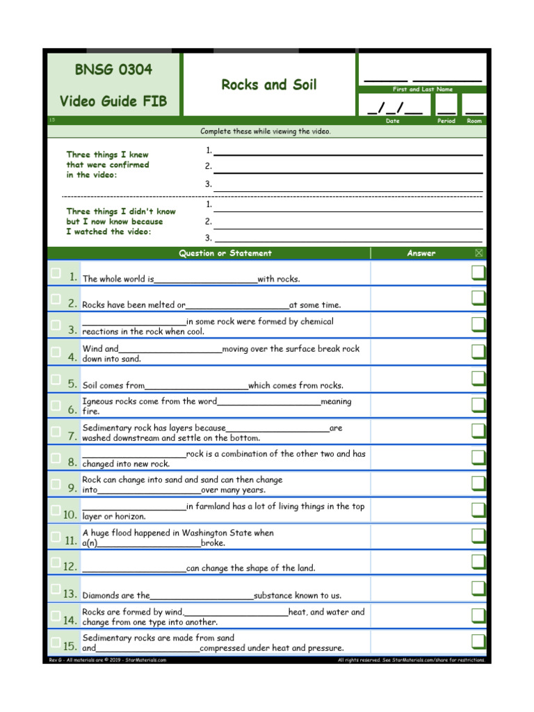 Worksheet For Bill Nye Rocks and Soil PDF Rock (Geology) Learning