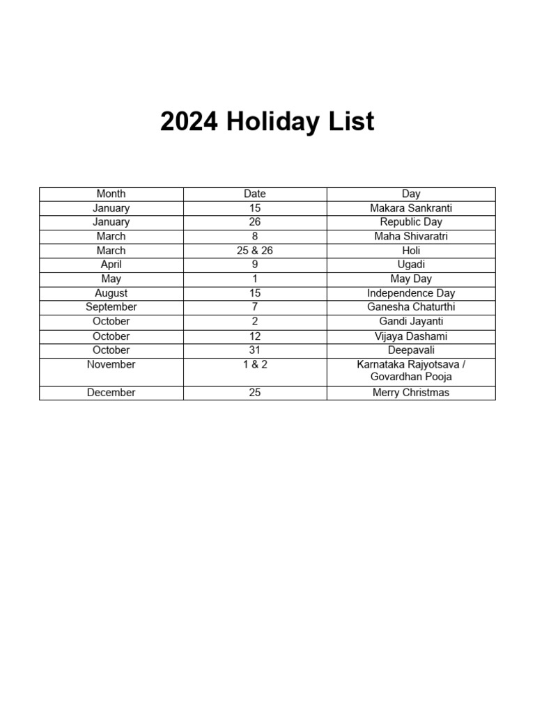 2024 Holiday List PDF