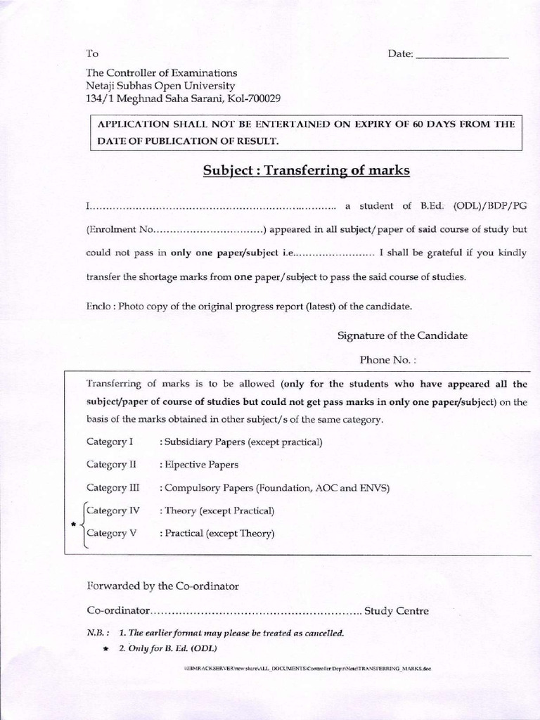 NSOU FORM Transferring of Marks | PDF