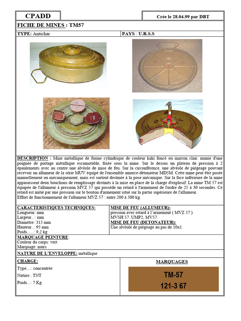 Mine TM57 Antichar U.R.S.S : Caractéristiques et Fonctionnement | PDF ...