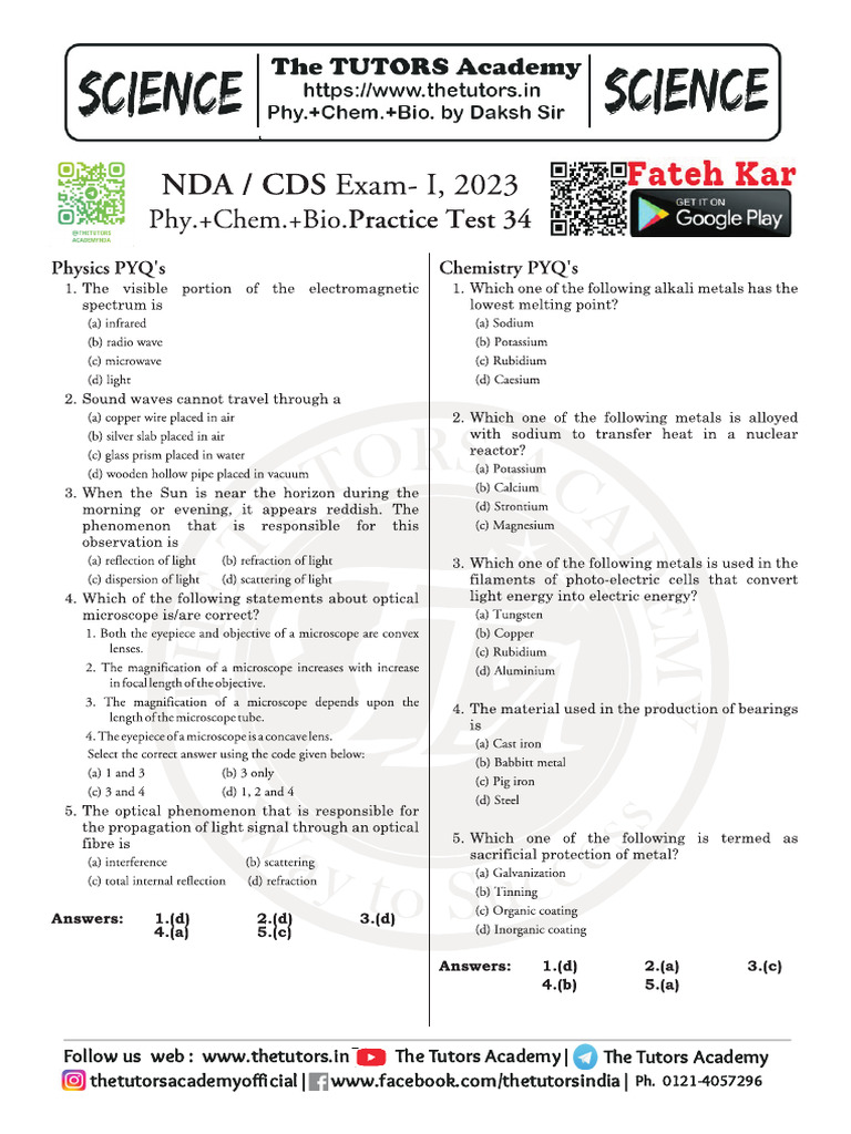 NDA & CDS Exam 2023 Science Practice Test 34 | PDF