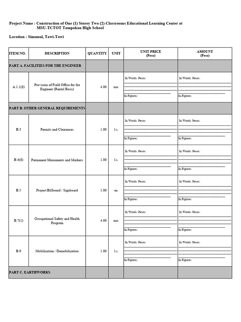 Boq construction of one 1 storey two 2 classrooms educational