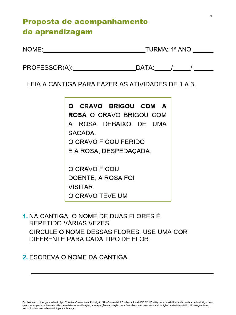 1 E 2 ANO Acompanhamento Aprendizagem | PDF | Creative Commons | Narrativa