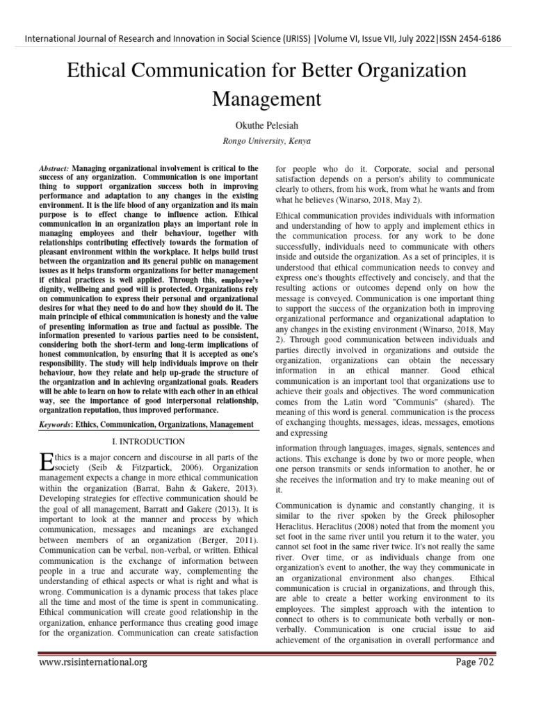 Ethical Communication For Better Organization Pdf Communication