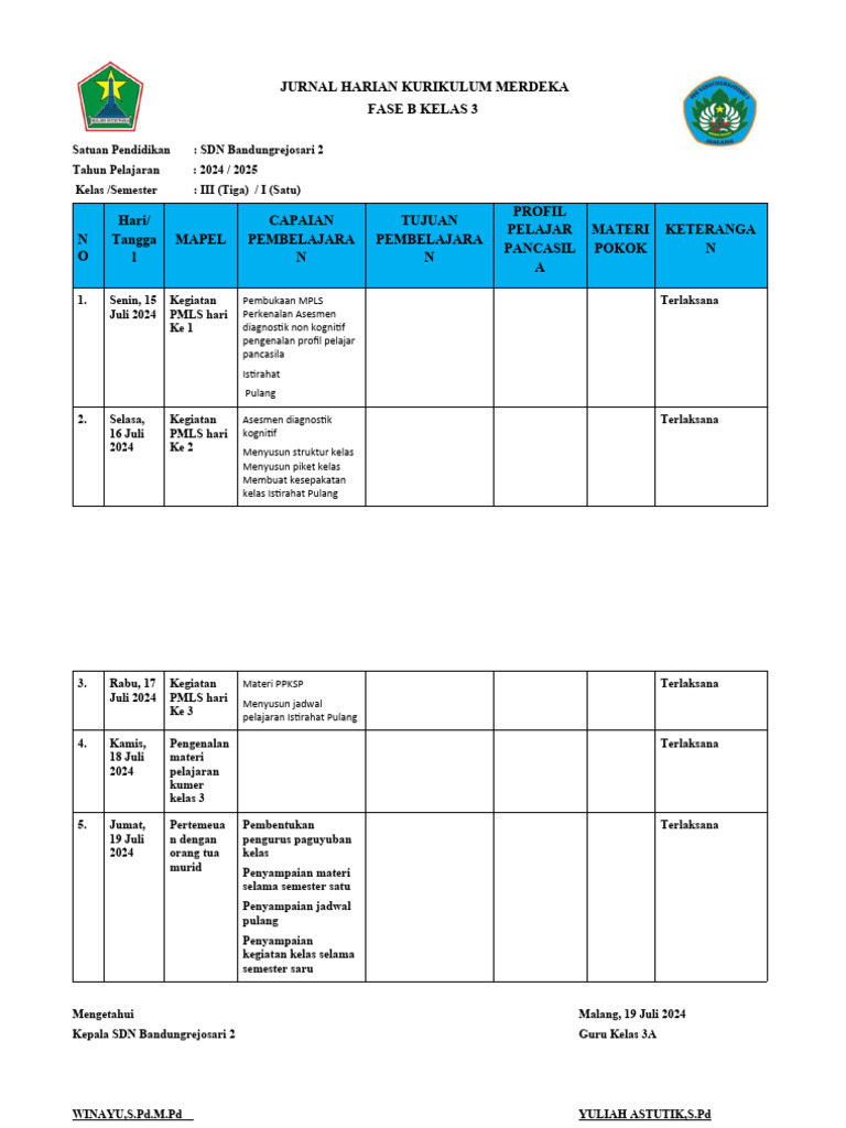 Jurnal Harian Kelas 3 Kurikulum Merdeka | PDF