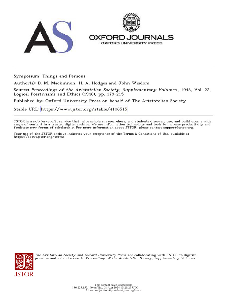 J. Wisdom - Things and Persons | PDF | Utilitarianism | Thought