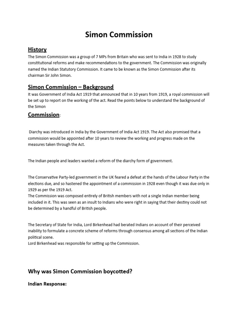 Overview of the Simon Commission 1928 | PDF | Indian Independence ...