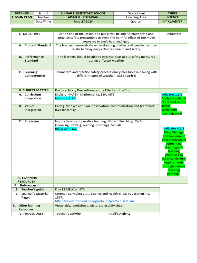 Safety Precautions Lesson Plan | PDF | Learning | Curriculum