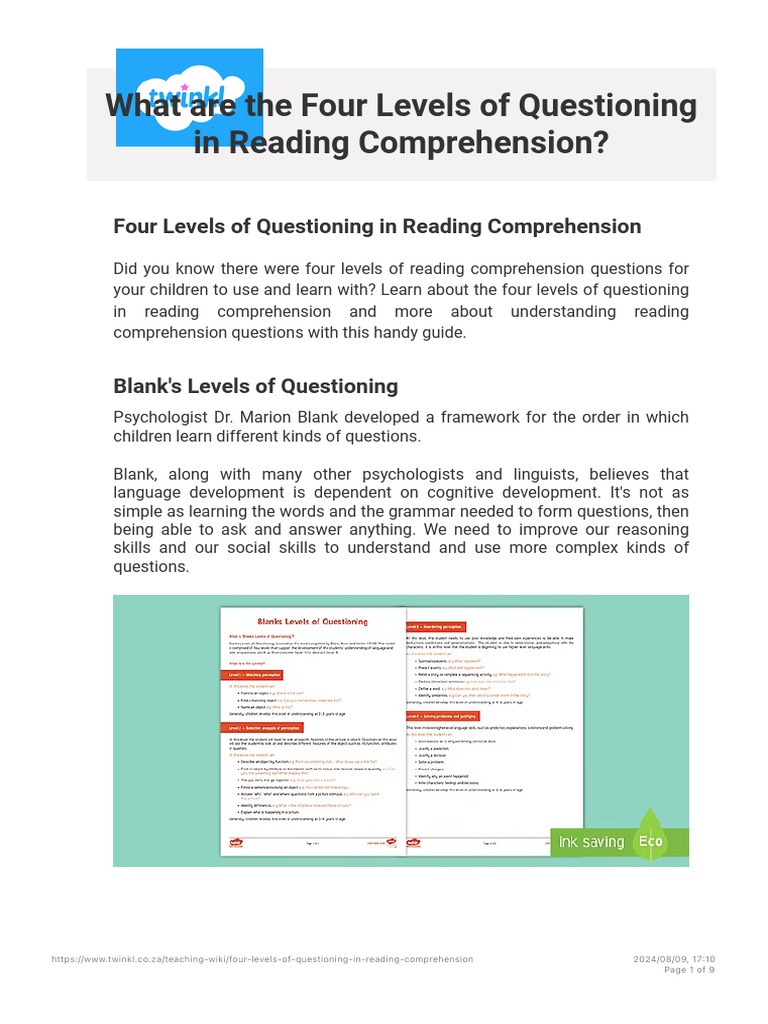 Understanding Reading Comprehension Questions L Four Levels of ...