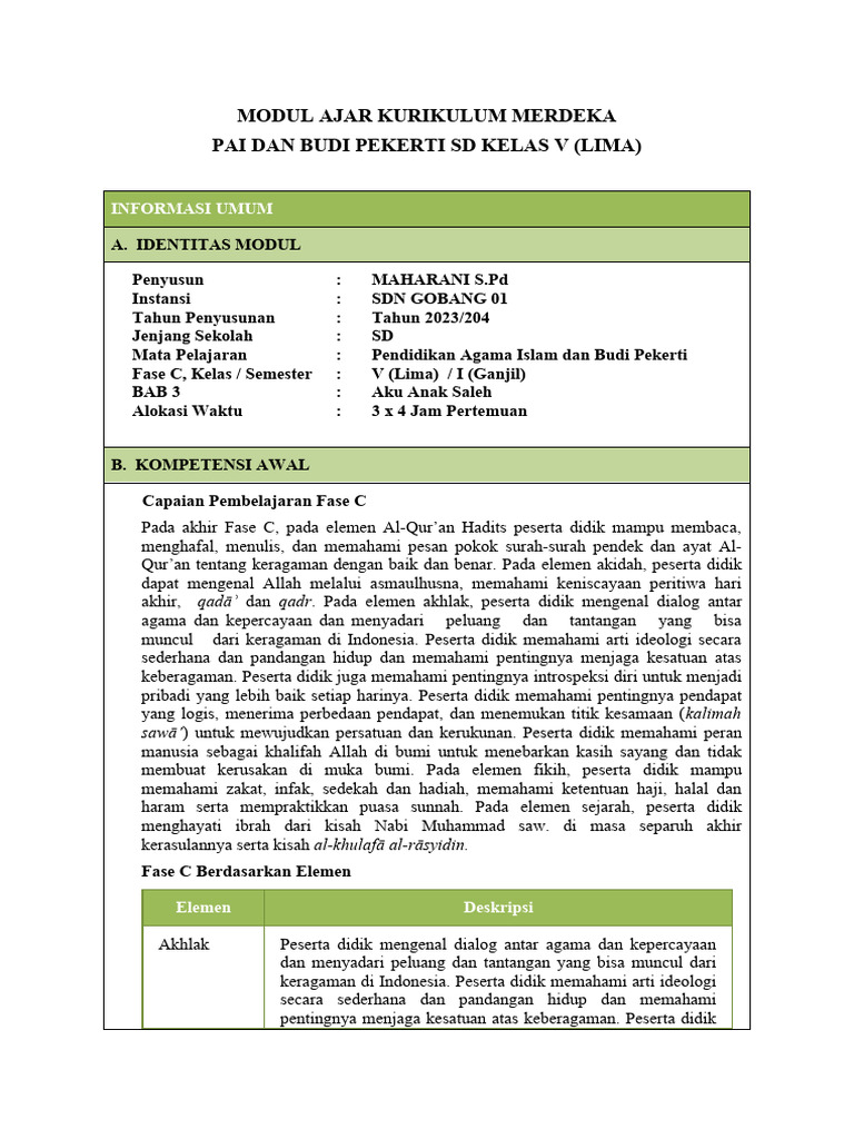 Modul Ajar PAI Kelas 5 Bab 3 | PDF