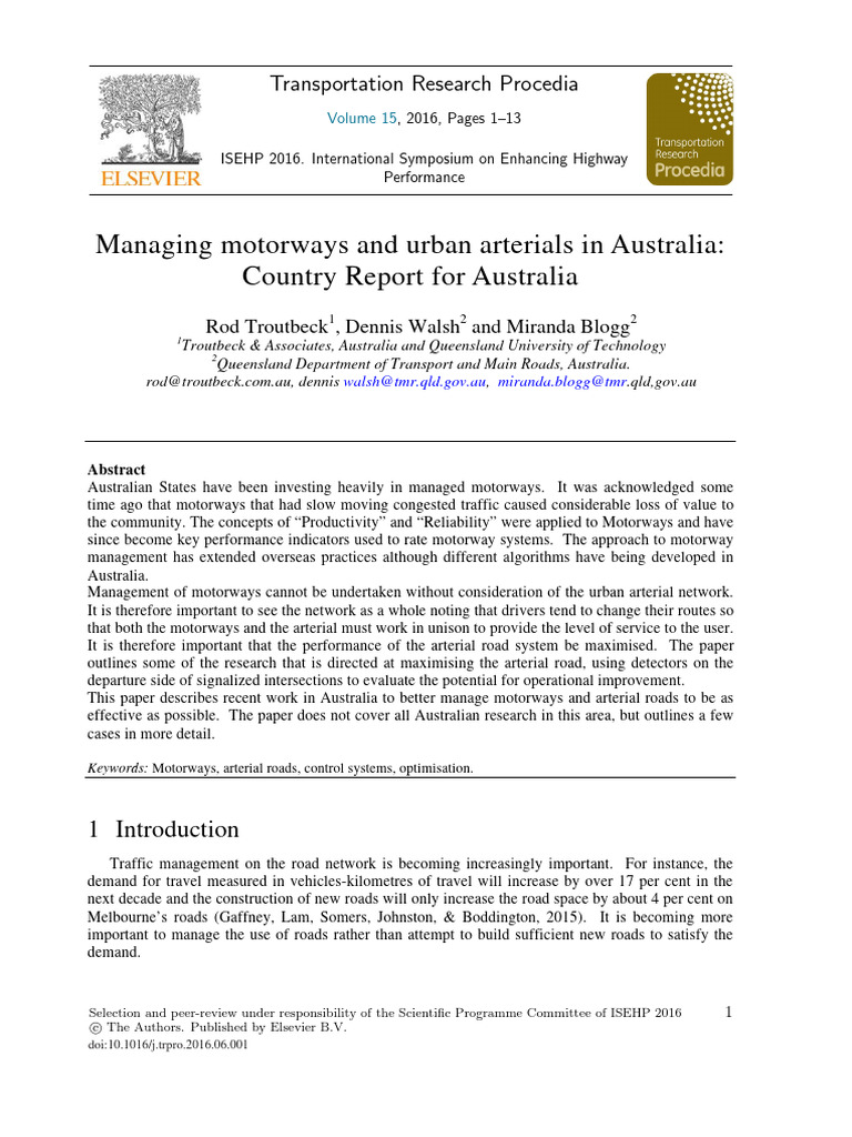 Managing Motorways And Urban Arterials In Australia 2016 Transportation