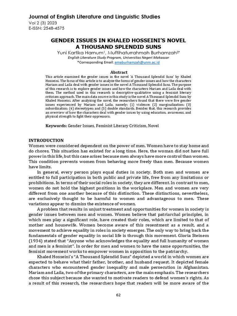Gender Issues in A Thousand Splendid Suns | PDF | Feminism | Gender Studies