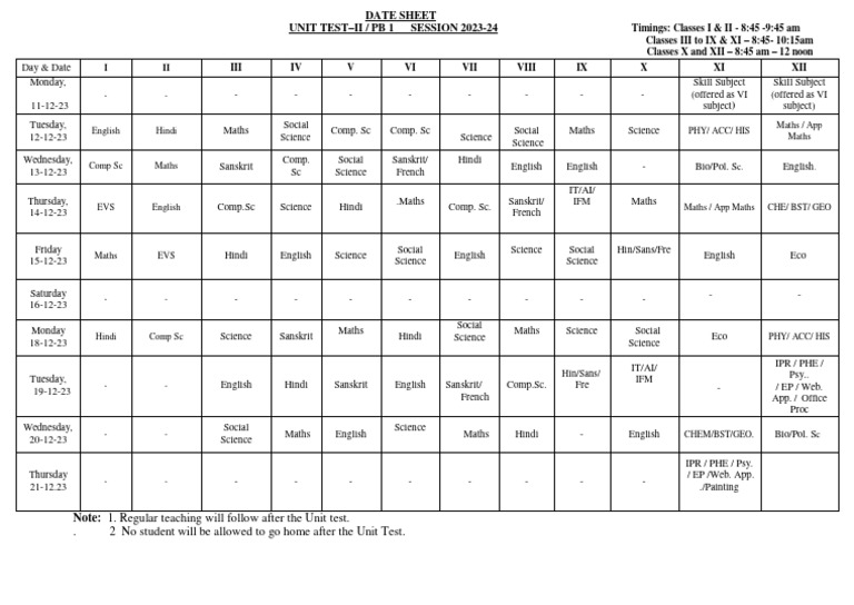 Mid Term Date Sheet 2023-24 | PDF