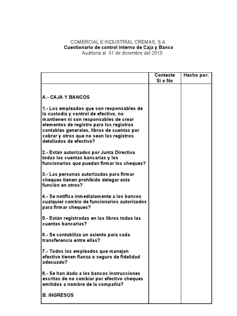 Cuestionario de Control Interno Financiero | PDF | Cheque | Bancos