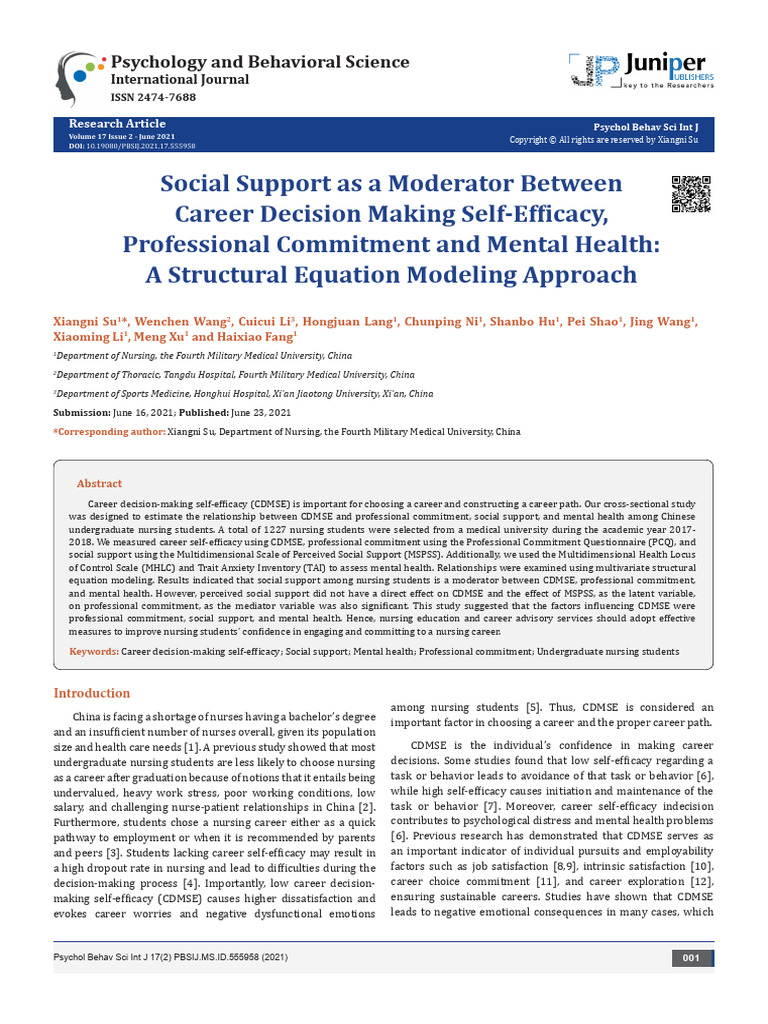Social Support As A Moderator Between Career Decision Making Self ...