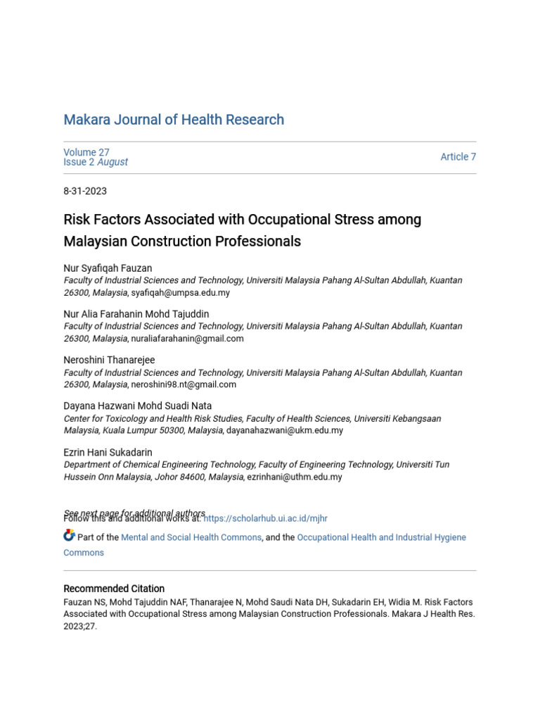 Risk Factors Associated With Occupational Stress | PDF | Survey ...