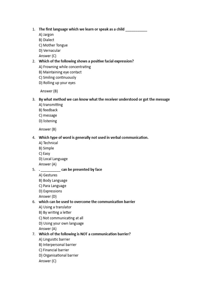 MCQs on Communication Skills with Answers | PDF | Communication ...