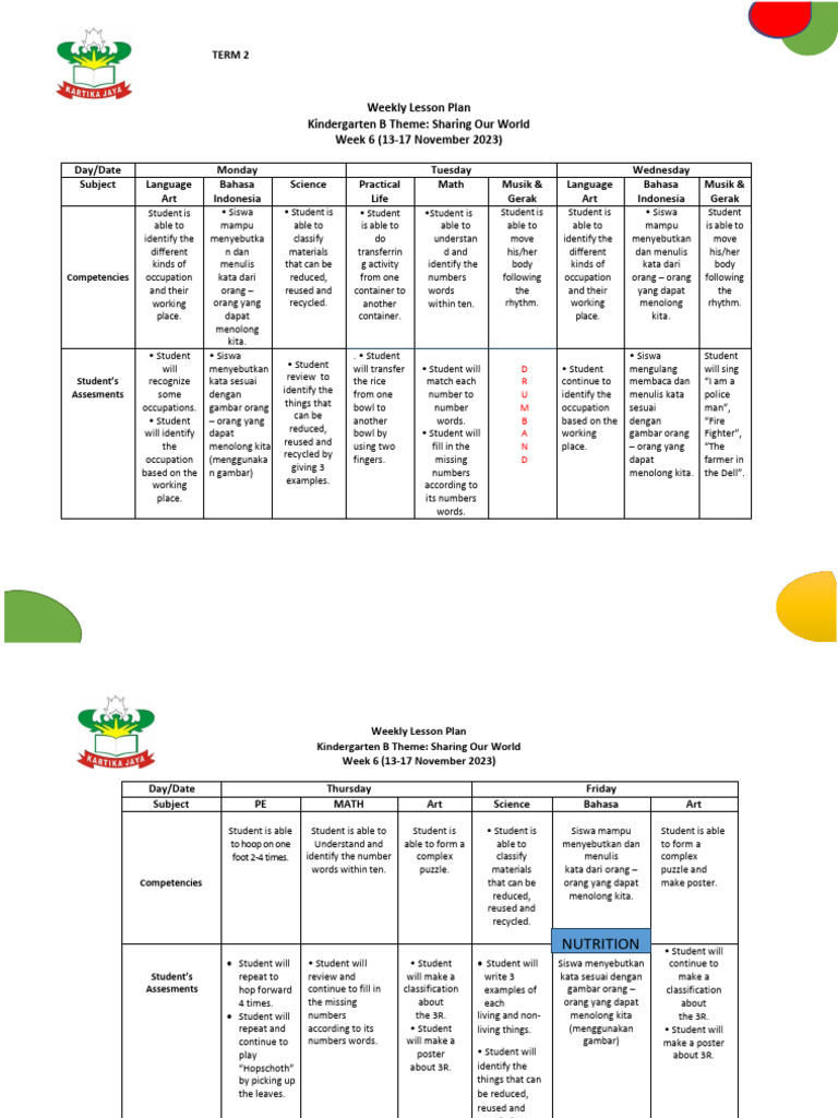 Kindergarten B Weekly Lesson Plan | PDF | Linguistics