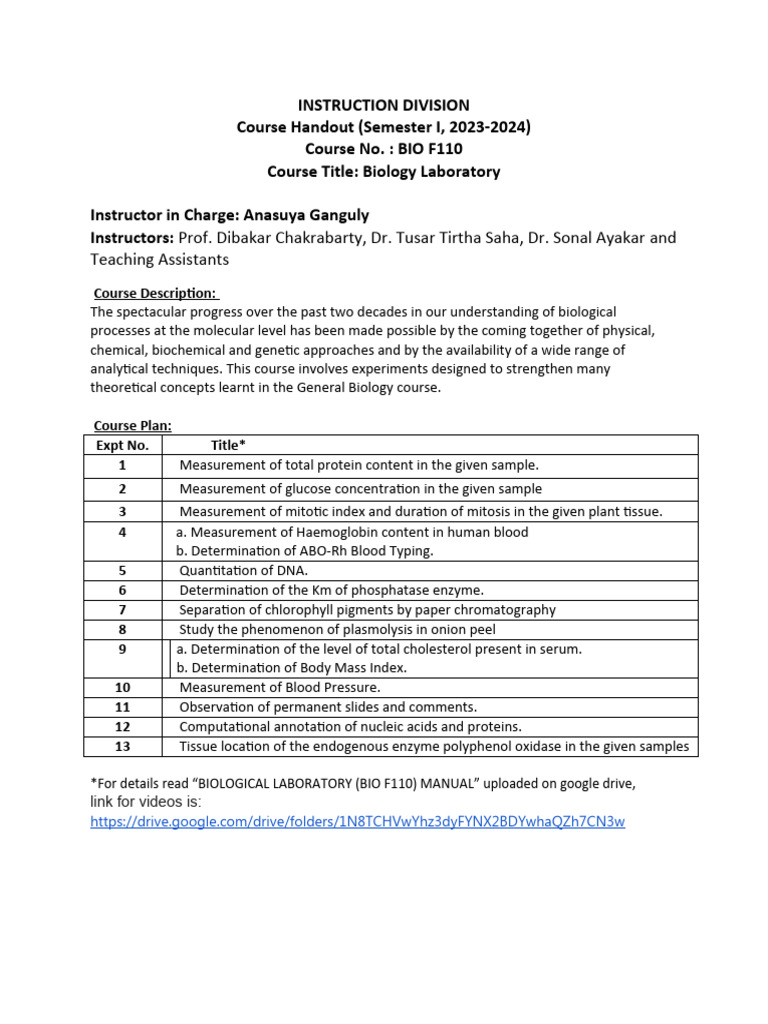 Biology Laboratory Course BIO F110 | PDF | Proteins | Experiment