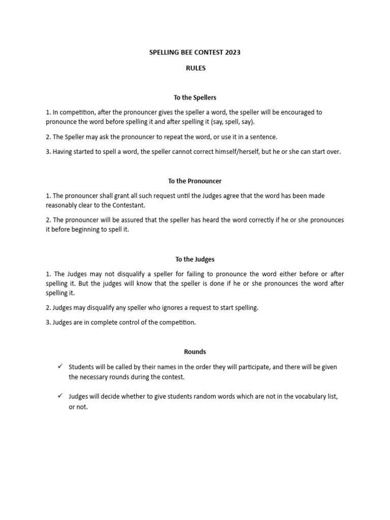 Spelling Bee Contest Rules 2023 | PDF | Spelling | Lexicography