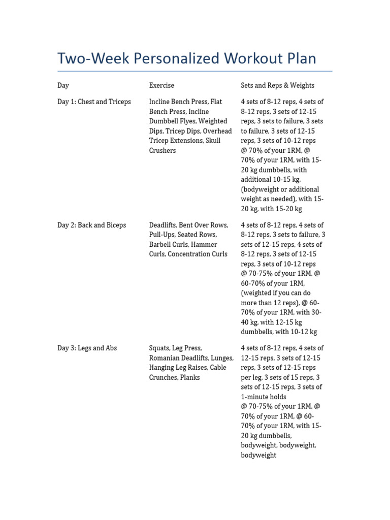 Two-Week Custom Workout Schedule | PDF | Weight Training | Strength ...