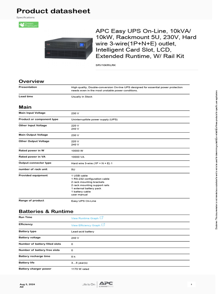 APC Easy UPS On-Line 10kVA Datasheet | PDF | Electrical Engineering ...
