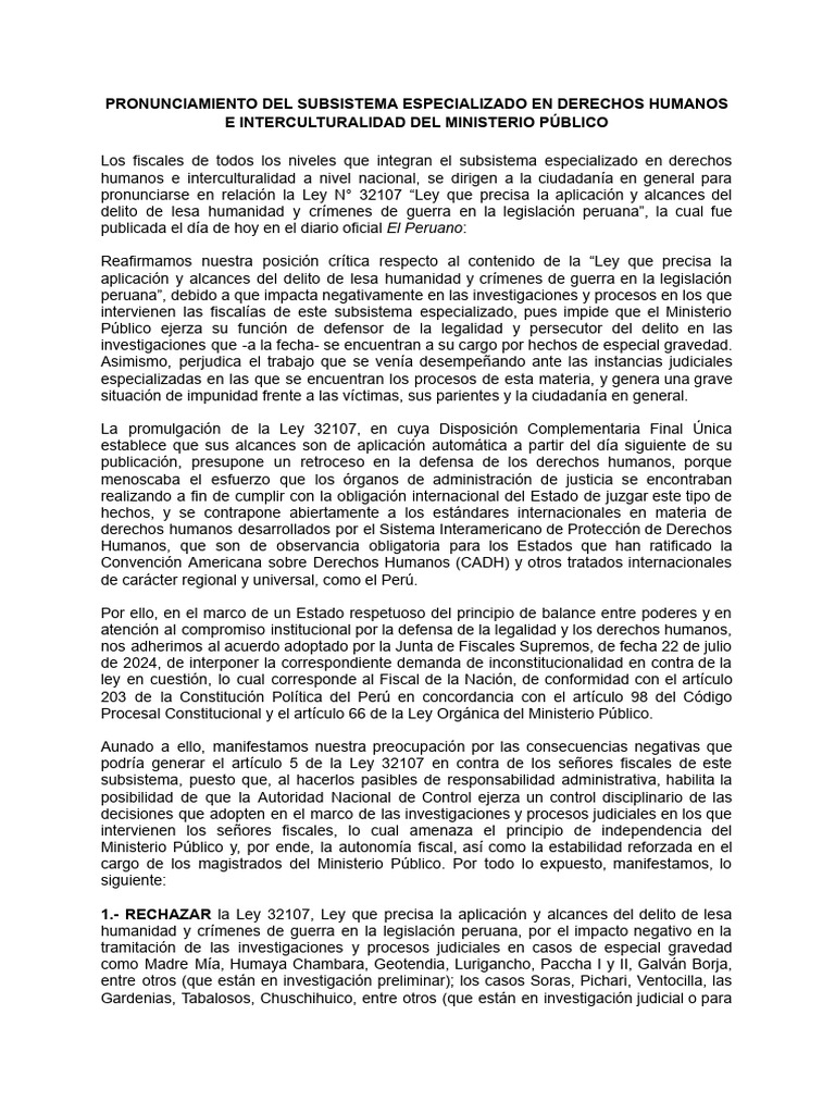 Rechazo a la Ley 32107 en Derechos Humanos | PDF | Fiscal | Perú