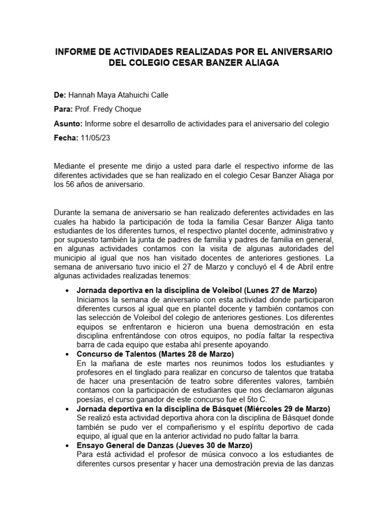 Informe de Actividades Realizadas Por El Aniversario Del Colegio Cesar ...