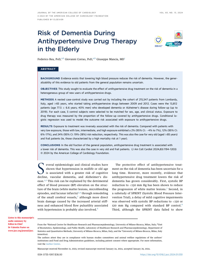Risk of Dementia During Antihypertensive Drug Therapy in The Elderly ...