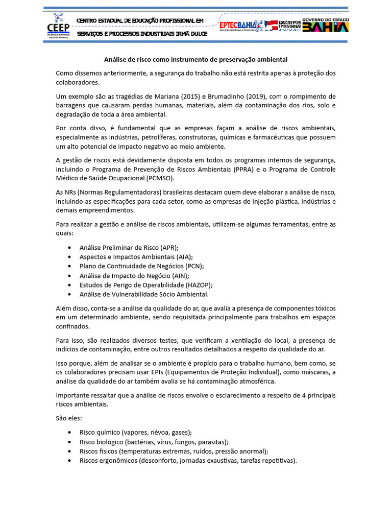 Análise de Risco e Preservação Ambiental | PDF | Ambiente natural ...