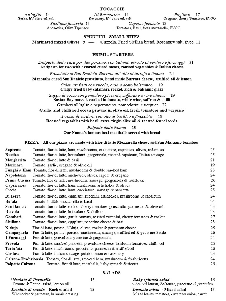 Prima Cucina MENU | PDF