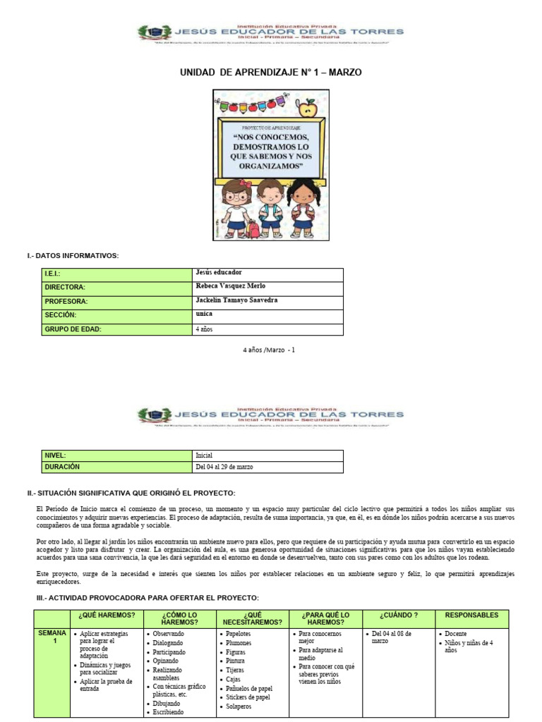 Unidad de Aprendizaje - N°01 - Mar | PDF | Las emociones | Salón de clases