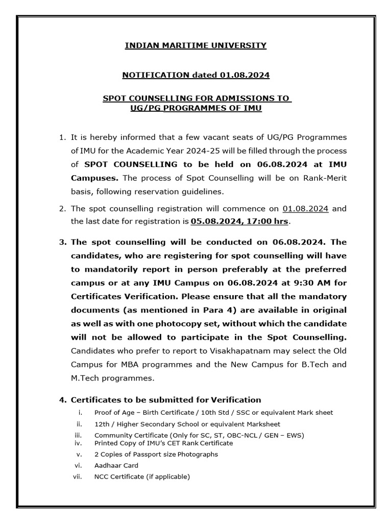 IMU Spot Counselling Notification 2024 | PDF